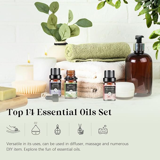 Floral Essential Oils Set - 14 Pcs Fragrance Oil for Diffusers, Aromatherapy, Candle Making - Lavender, Geranium, Rose, Jasmine, Gardenia Aromatherapy Essential Oils Kit