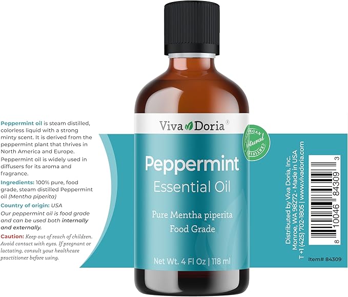 Viva Doria Peppermint Essential Oil, 100% Pure, Natural, Northwest Peppermint Essential Oil, Undiluted, for Aromatherapy | Food Grade, 118 mL (4 Fluid Ounce)