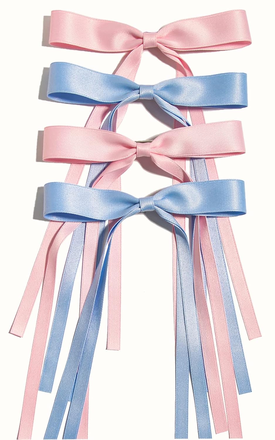 Hair Clips with Tassels and Bowknots - 4pcs Long Barrettes with Ribbon Bows for Women and Girls (Pink, Light Blue)
