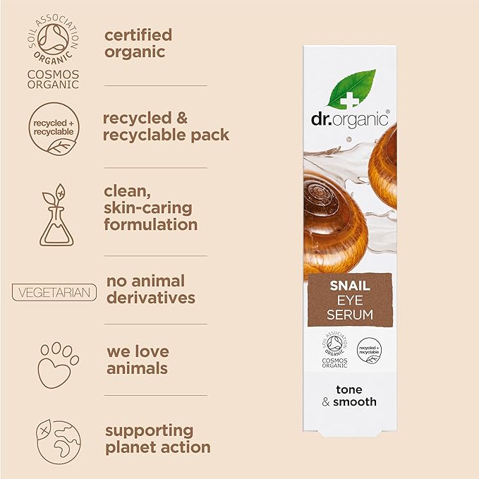 Dr. Organic Snail Gel Eye Serum | Tightens and Hydrates Delicate Eye Area, Reduces Puffiness, Natural, Certified Organic, Paraben & SLS-Free, 15 mL / 0.5 fl oz