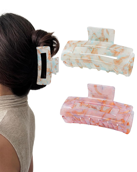 HOKEMP 2 Pack Acrylic Hair Claw Clips for Women, 3.93 Inch Large Non-Slip Strong Hold Rectangle HairClip for Thin Thick Hair (Color 2)