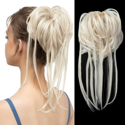 CJL HAIR Messy Bun Hair Piece Curly Hair Bun Extensions with Straight Tails Synthetic Hair Scrunchies Ponytail Hairpieces for Women Platinum Blonde