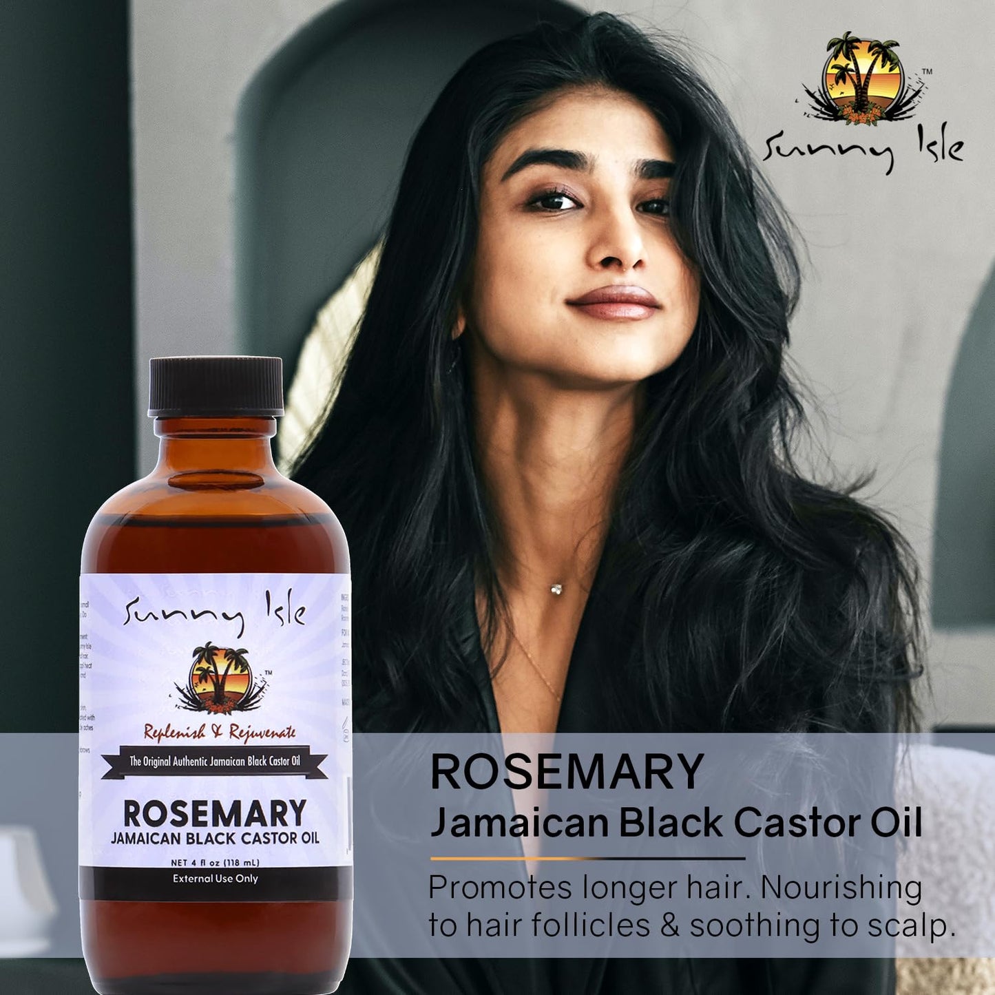 Sunny Isle Rosemary Jamaican Black Castor Oil 4oz | Hair Growth Treatment | For Scalp & Acne-Prone Skin | Hot Oil Application