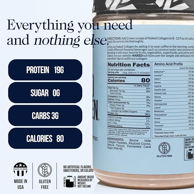 NAKED Chocolate Collagen Peptides Protein Powder, 24 Servings, Pasture-Raised, Grass-Fed Hydrolyzed Collagen Supplement, Paleo Friendly, Non-GMO, Keto, Gluten Free, 20oz