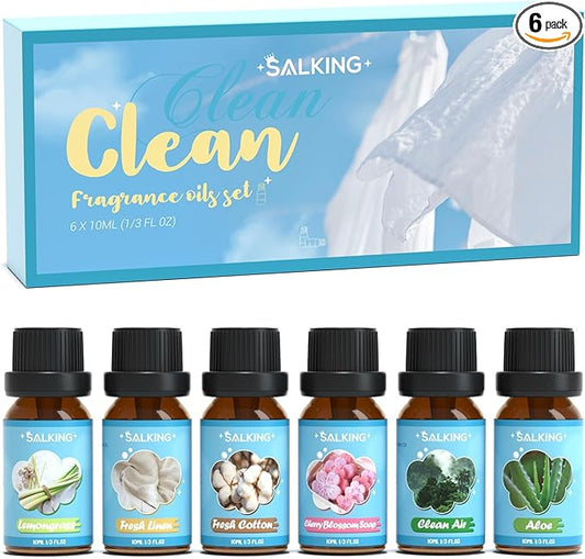 SALKING Clean Fragrance Oils, Premium Essential Oil for Diffuser, Scented Oil Gift Set for Soap Candle Making - Lemongrass, Fresh Cotton, Fresh Linen, Cherry Blossom Soap, Clean Air, Aloe