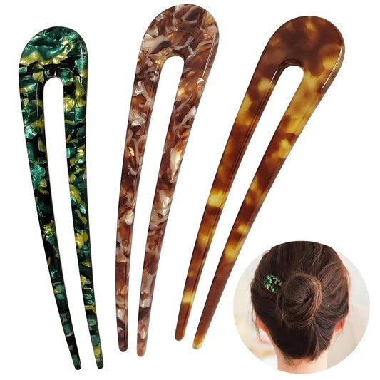 French Hair Pins U Shape Updo Hair Forks 2 Prong Bun Twist Chignon Stick Clips for Women Hair Accessories, 3 Pcs (Green,Tortoise,Brown Floral)