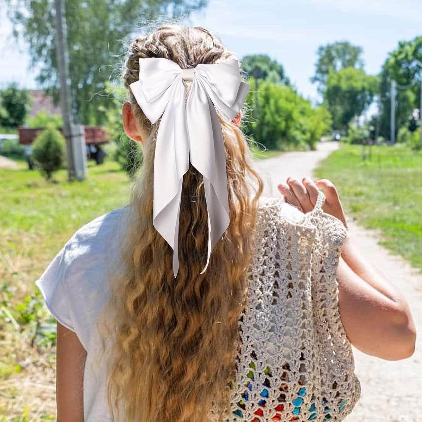 SUSULU Large Hair Bow Clips for Women Red Hair Bow White Hair Bow Slides for Girls Satin Hair Barrettes with Long Ribbon Tail,Wedding Birthday Women Hair Accessories Pack of 2