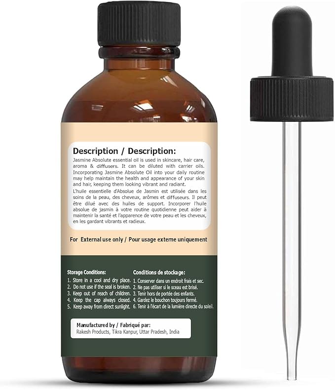 Jasmine Absolute (Jasminum grandiflorum) Oil | Pure & Natural Essential Oil for Skincare, Hair Care, Aroma and Diffusers- 30ml/1.01fl oz