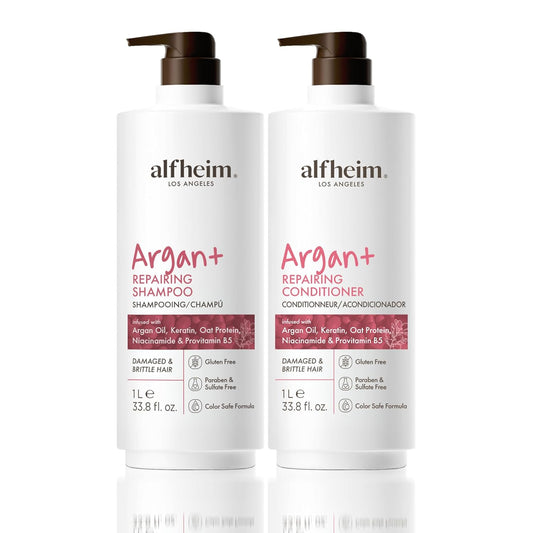 ALFHEIM Argan+ Repairing Shampoo & Conditioner Set for Dry, Damaged & Frizzy Hair with Argan Oil, Keratin – Deep Repair, Moisture, Shine & Frizz Control – Color Safe, Sulfate Free – 33.8 oz × 2