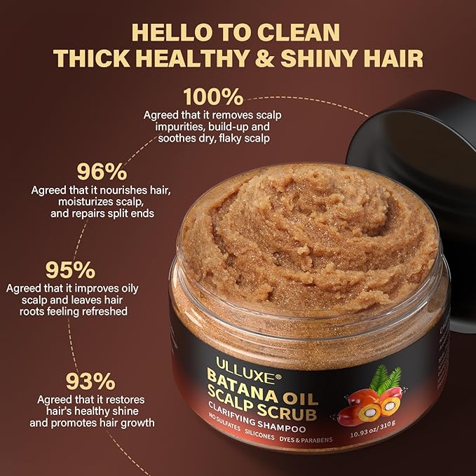 Scalp Scrub for Hair Growth, 2-in-1 Shampoo Scalp Exfoliator with Batana Oil, Rosemary, Mint Oil Remove Dandruff, Hair Treatment with Scalp Scrubber, Thinning Hair & Itchy Scalp Treatment, 10.93 oz