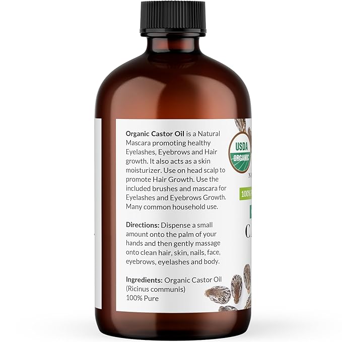 NaturoBliss Castor Oil Organic (2oz), 100% Pure, Cold Pressed, Hexane Free. Volumizing Serum for Hair, Eyelashes, Eyebrows. Hair Treatment Starter Kit & Skin Moisturizer