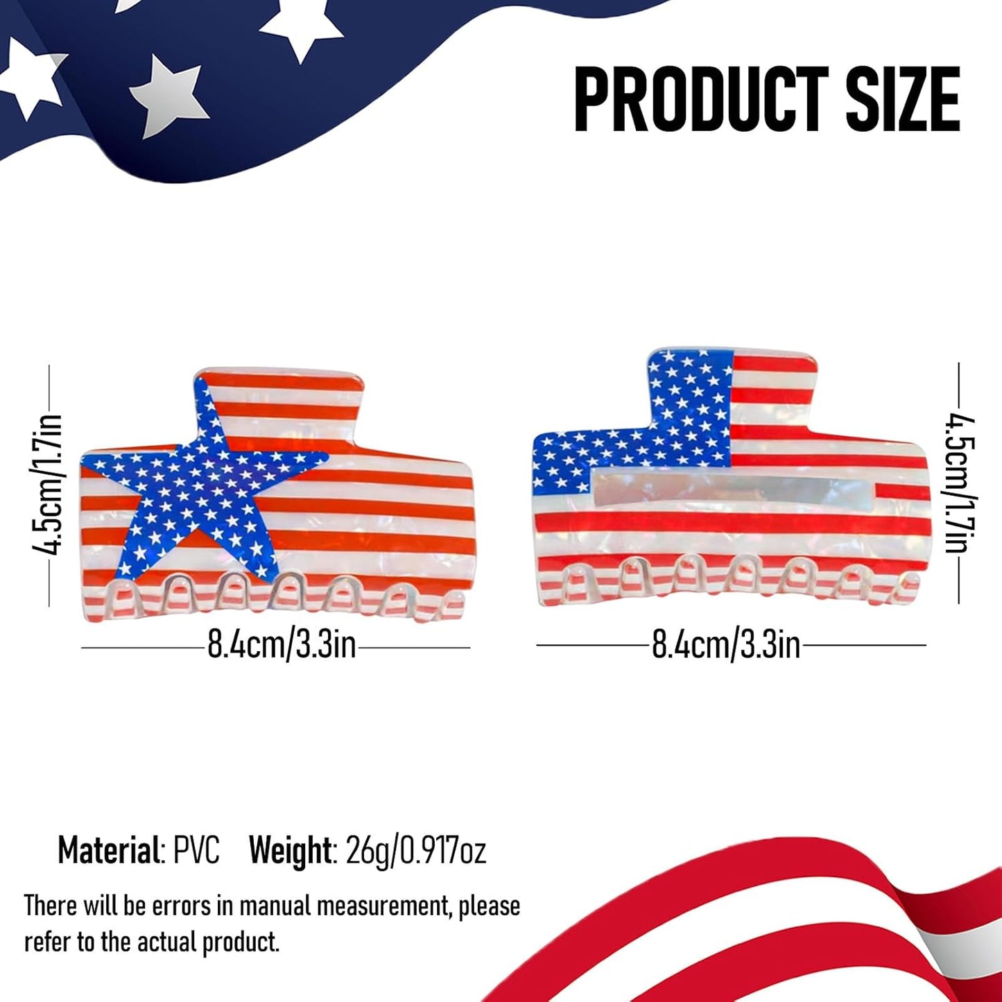 2 Pcs 4th of July Hair Claws for Women, Patriotic Hair Clips, Red White Blue Hair Claw Clips for Independence Day Party, Summer Hair Accessories with Stars and Stripes Design, Hair Claw for Thick Hair