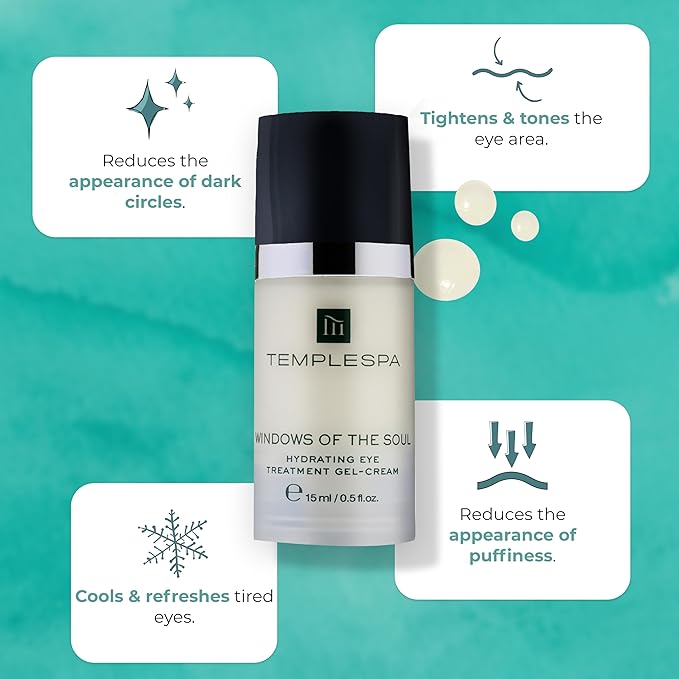 TEMPLESPA | WINDOWS OF THE SOUL | Hydrating Lightweight Eye Treatment Gel-Cream to Refresh Tired Eyes, Soothe, Tighten & Tone the Eye Area, Natural Ingredients, Cruelty-Free, Vegan, 0.5 fl.oz.