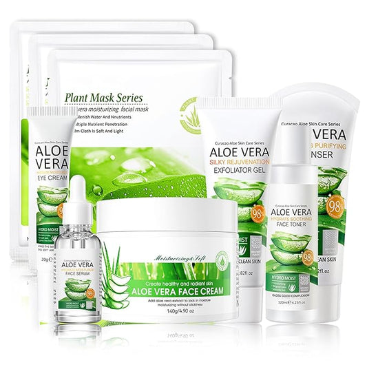 Aloe Vera Skincare Set,Hydrating Travel Size Face Wash,Moisturizing Face Toner & Face Serum & Face Cream,Eye Cream Skin Care Gift Set for Women（9PCS)