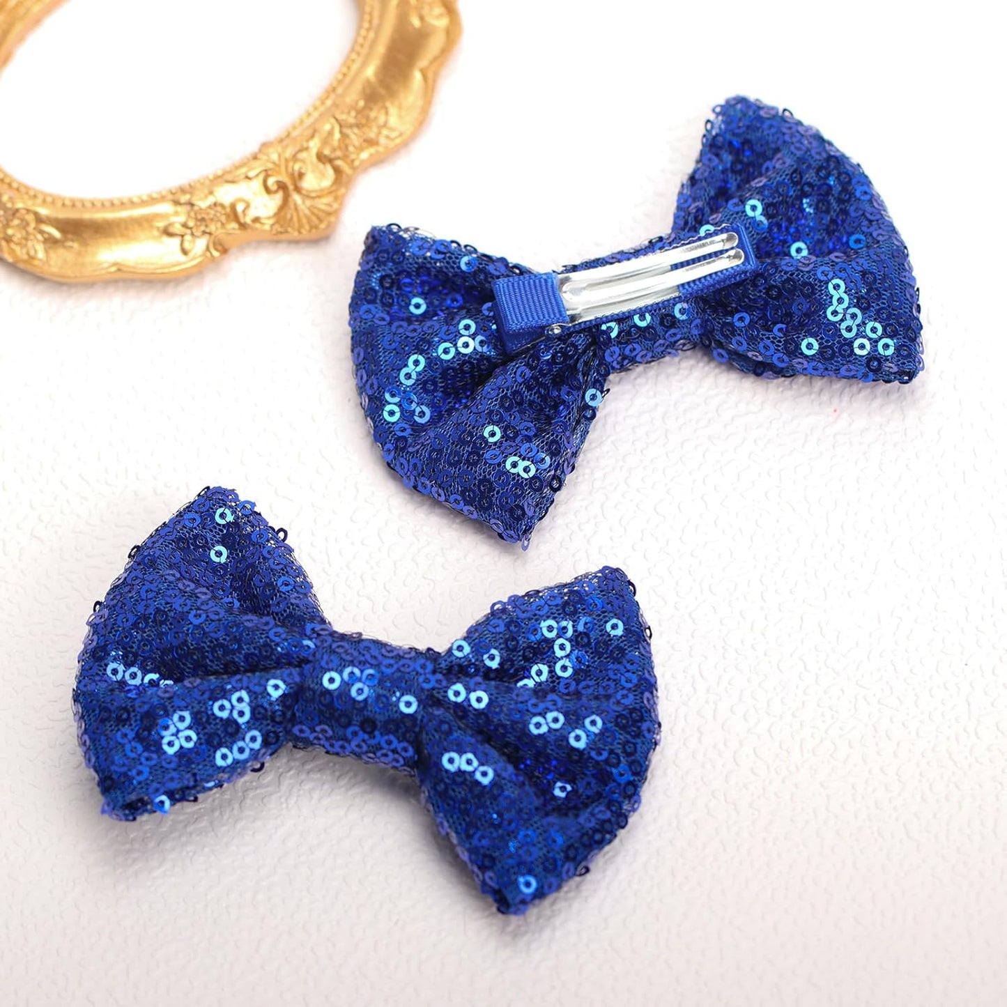 KISZU 4 Inch Sequin Glitter Hair Bows Clips, Sparkling Bling Little Bow HairPins Hair Accessories for Baby Girls Kids Children Teens and Women (Deep Blue)