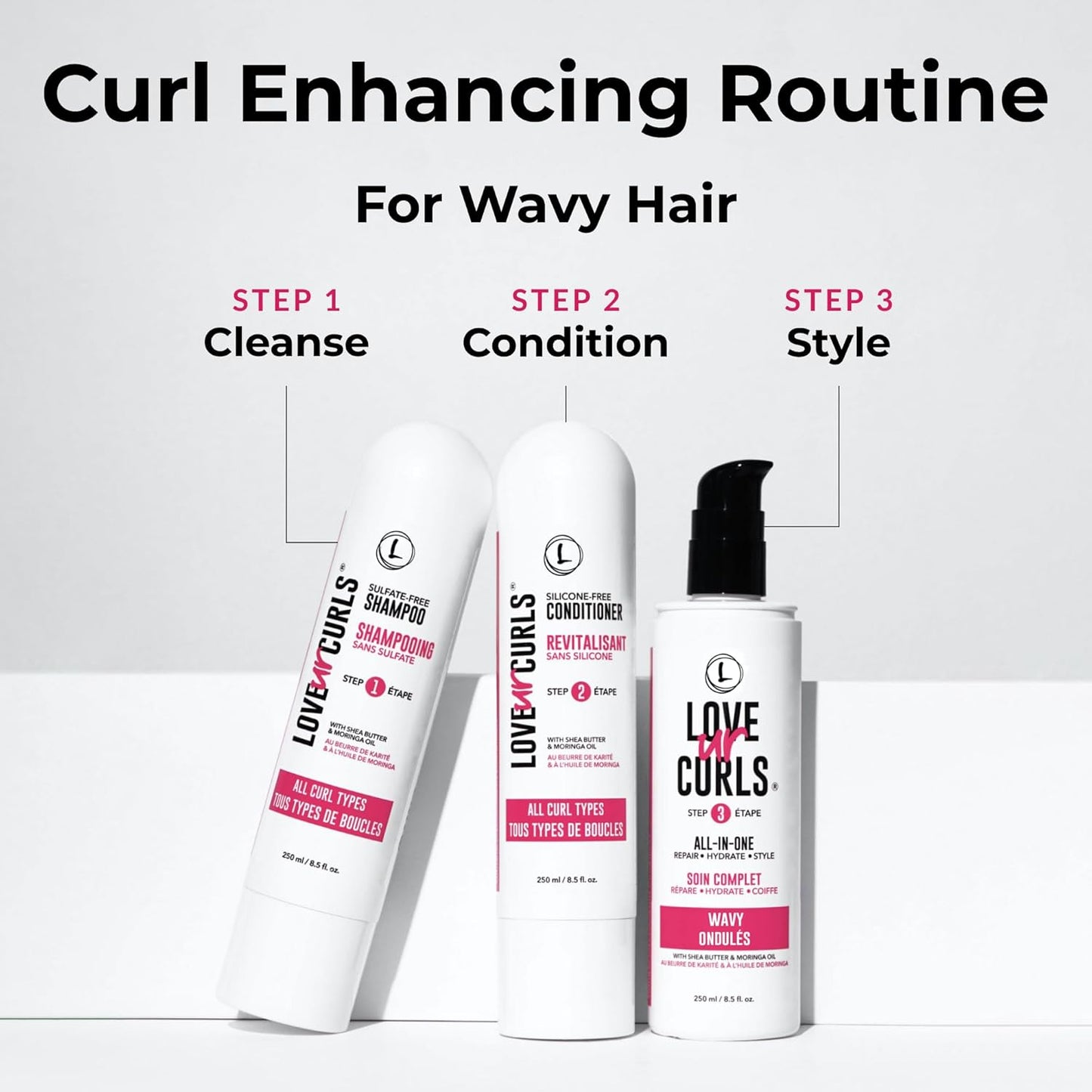 Love Ur Curls - Shampoo & Conditioner Set with All in One Curl Cream Styler for Wavy Hair, 3 Step System for Repair and Moisturizing