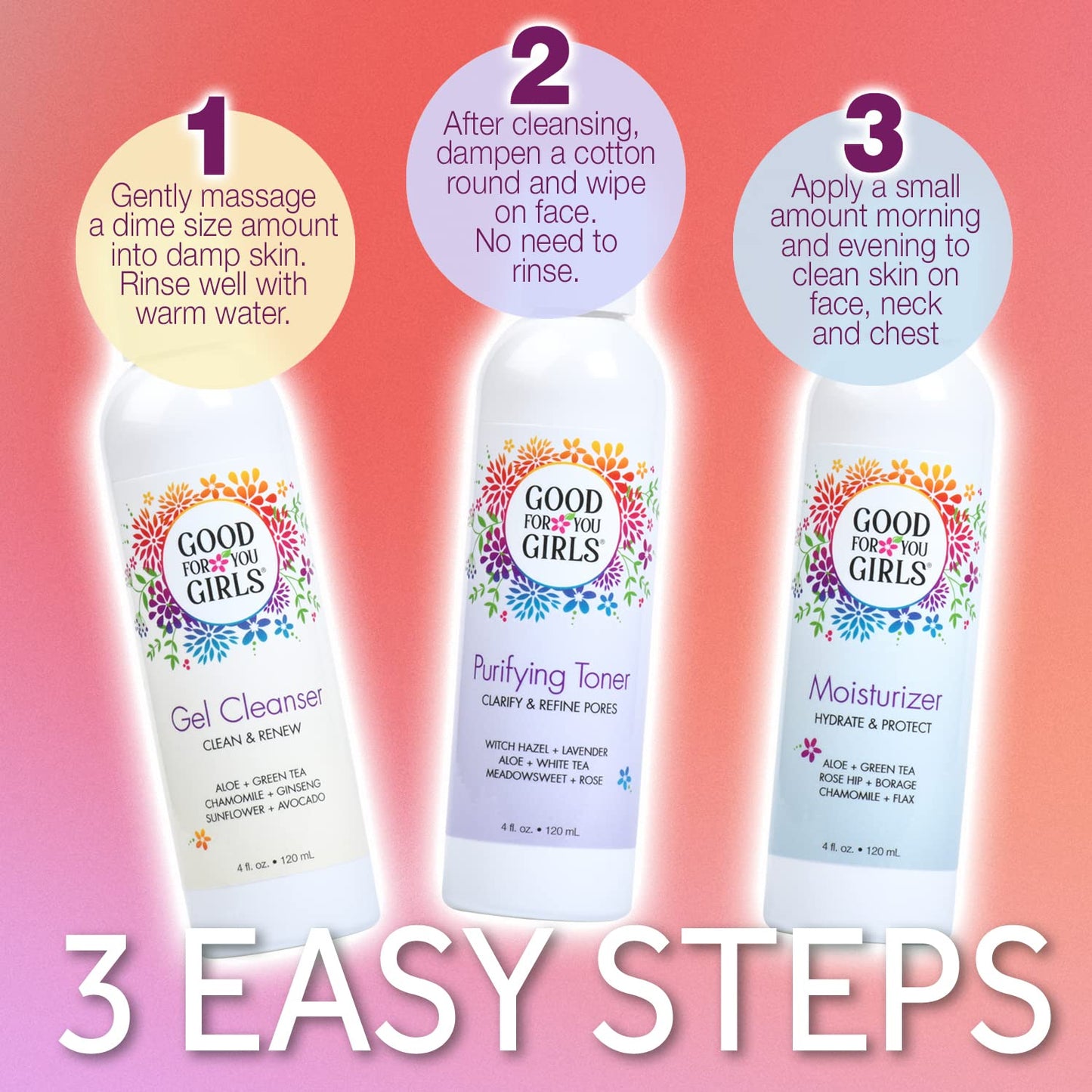 Good For You Girls Three-Step Skincare Gift Set - Cleanser, Toner & Moisturizer for Girls to Teens, Safe, Natural, Plant-Based ingredients. Vegan & Gluten-Free | 3 Piece, 4 oz ea.