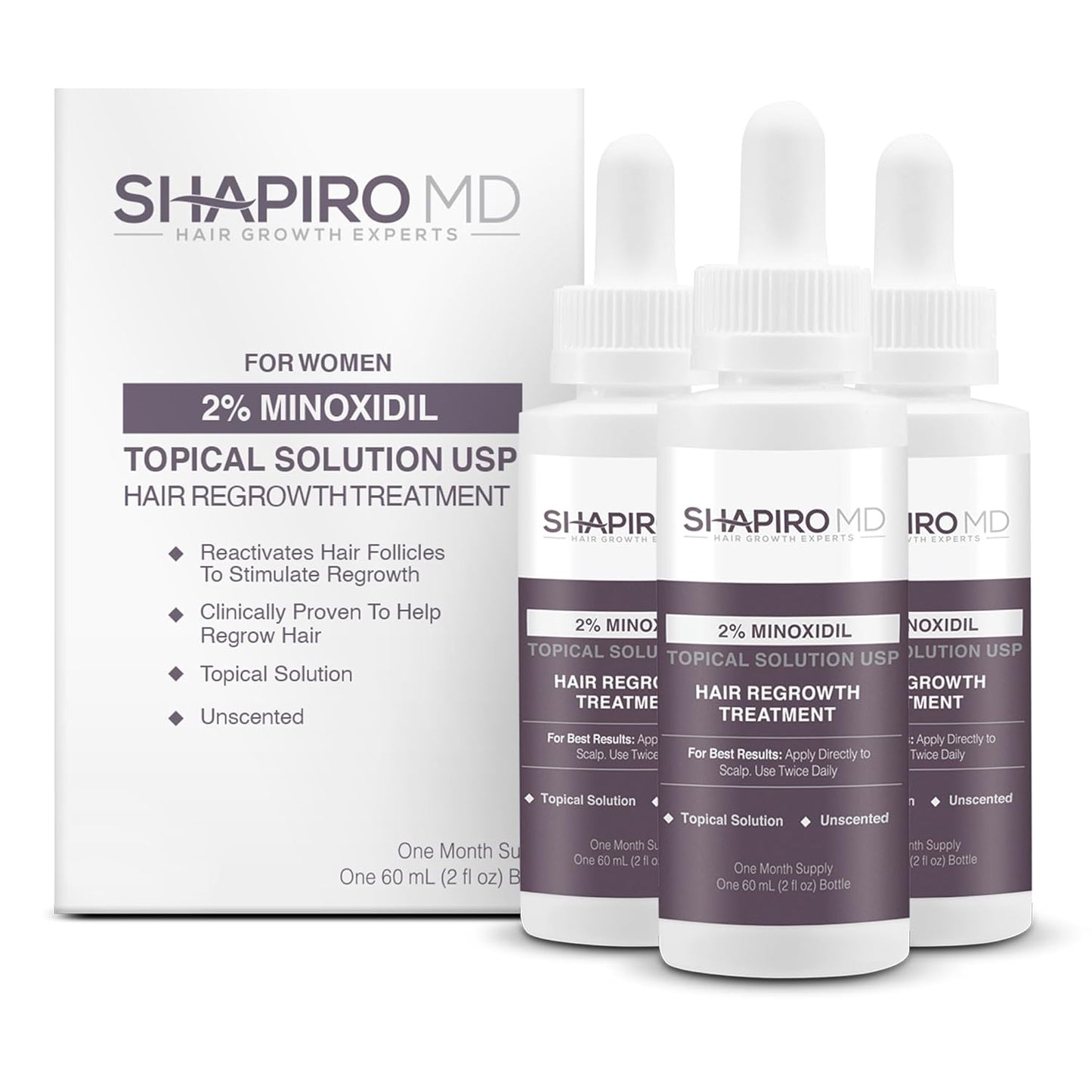 Shapiro MD Hair Growth Experts Minoxidil 2% Topical Solution for Women, Serum Promotes Hair Regrowth by Reactivating Hair Follicles (3 Month)