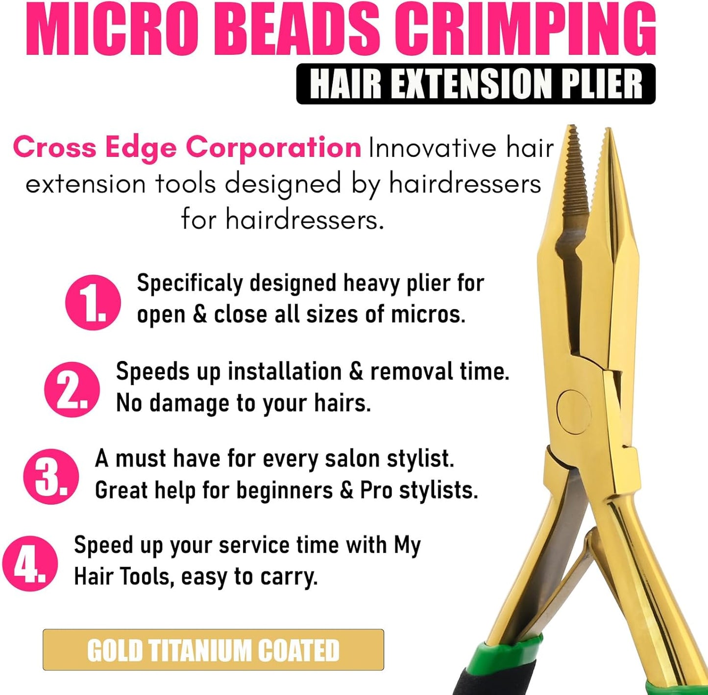 Professional Hair Extension Tools Microlink Bead Remover Plier for Hair Extensions Removal Micro Ring Beads Opener 5.5 Inch Pliers Silver Polish Stainless Steel (Gold Black Foam Applicator)