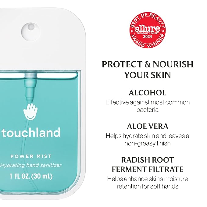 Touchland Hydrating Hand Sanitizer Spray Bundle, DREAM 5 Set (Watermelon, Berry, Beach Coco, Sandalwood Power Mists, Icy White Hand Mist Case), 1 FL. OZ. Travel Size