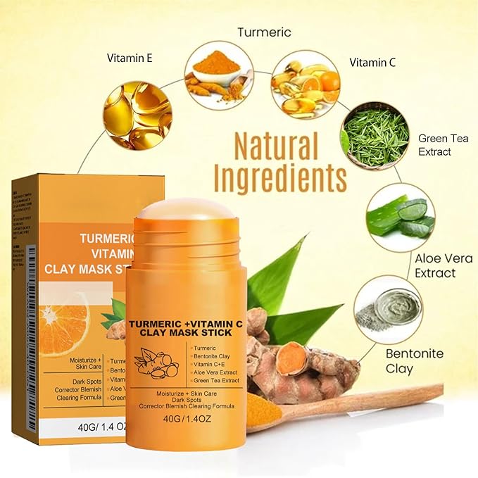 Turmeric Vitamin C Clay Mask Stick, Turmeric Clay Stick Mask with Vitamin C for Deep Clean Pore, Oil Control, Acne Blackhead Remover, Shrink Pores, Moisturize Skin and Balance Water and Oil