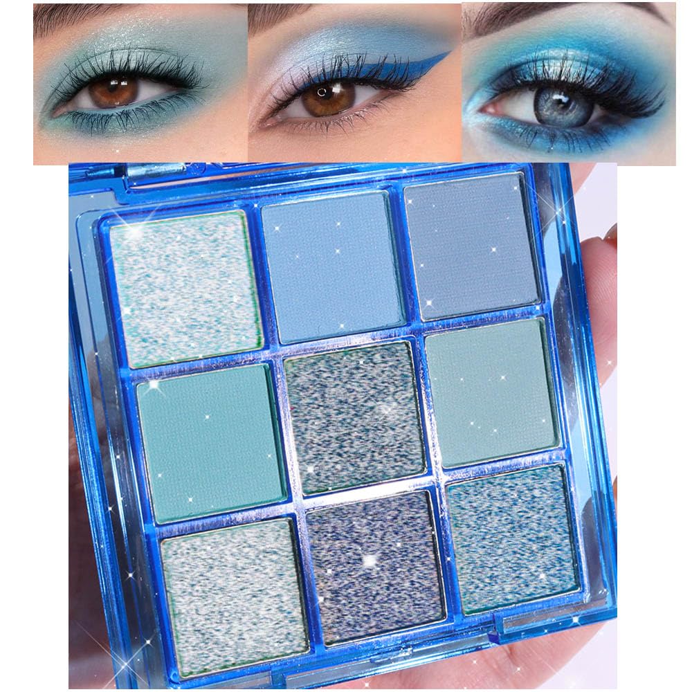evpct 9 Colors Blue Glitter Eyeshadow Palette, Glitter Dark Light Royal Cobalt Baby Sky Navy Blue Metallic Shimmer Sparkly Eye Shadow Palette Makeup for Older Women Eyes, Highly Pigmented Eyeshadow