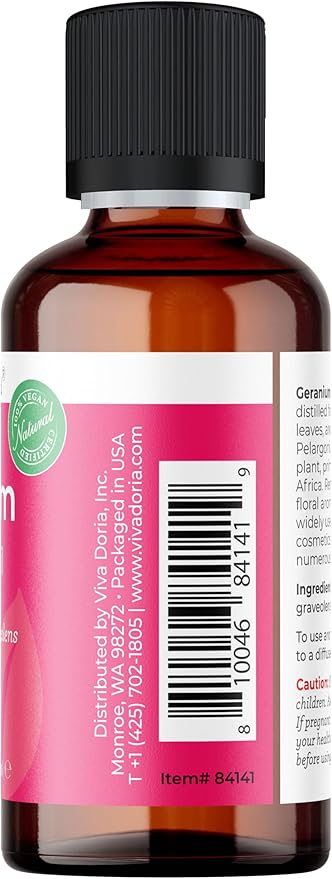 Viva Doria Geranium Essential Oil, 100% Pure, Natural Essential Oil, Undiluted, for Aromatherapy | Food Grade, 30 mL (1 Fluid Ounce)