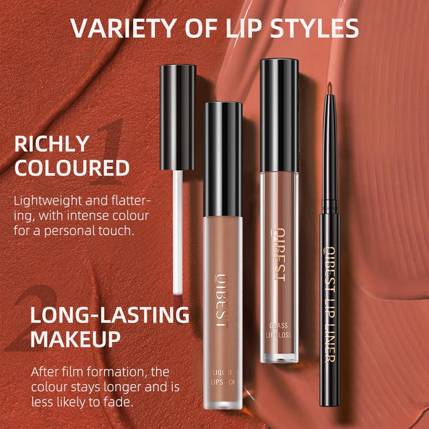 QiBest 3-in-1 Lipstick Set for Women & Teen Girls, Matte Liquid Lipstick + Lip Gloss + Gel Lip Liner Pencil Trio Lip Gift Kit for 24 Hours Long Lasting & Waterproof Lip Makeup (Whiskey Honey)