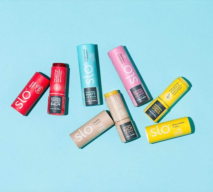 Slo | Natural Lip Balm - All Natural Ingredients, Vegan & Cruelty Free, Hydrating & Soothing, Plastic Free, Paper Packaging | Peppermint + Vitamin E, (0.28oz/8g)