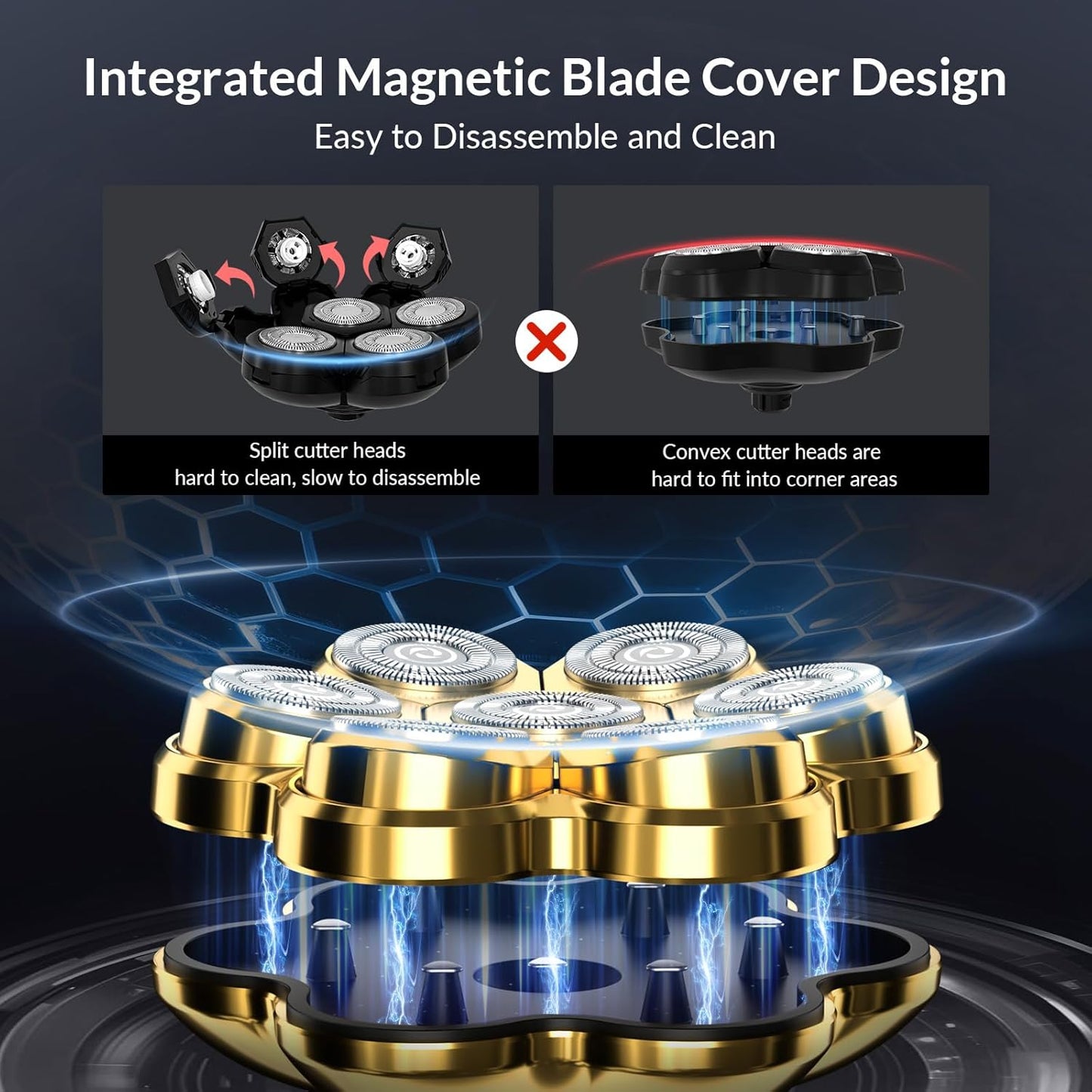 Head Shavers for Bald Men - 7D Arc Magnetic Detachable Electric Razor, Waterproof Wet Dry 5-in-1 Electric Shaving & Grooming Kit, LED Display Rechargeable Head & Body Hair Shaver, Gold