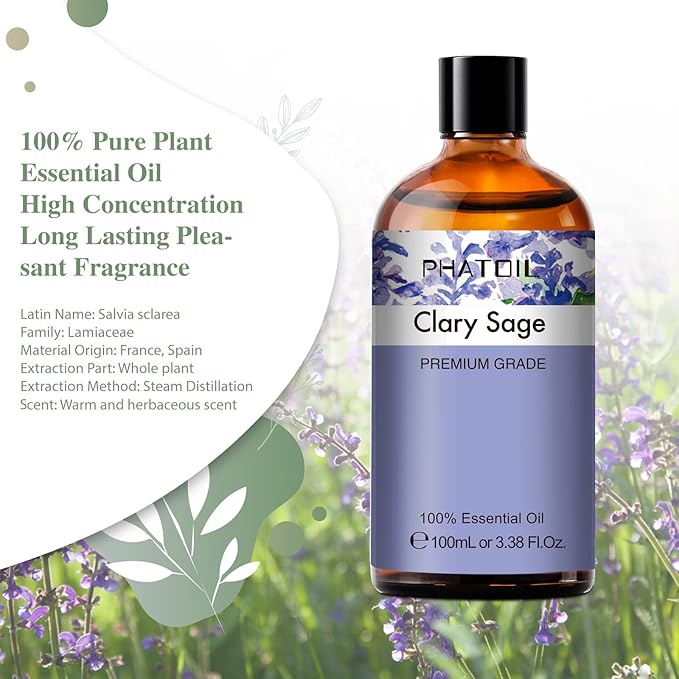 3.38FL.OZ Clary Sage Essential Oil for Aromatherapy Diffusers with Glass Dropper, Humidifiers, Great for DIY Candle and Soap Making, Huge 100ML Bottle