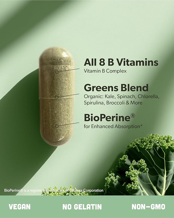 Vegan Vitamin B Complex - Whole Food Blend with Essential B Vitamins B1, B2, B3, B5, B6, B7, Folate, B12-60 Caps