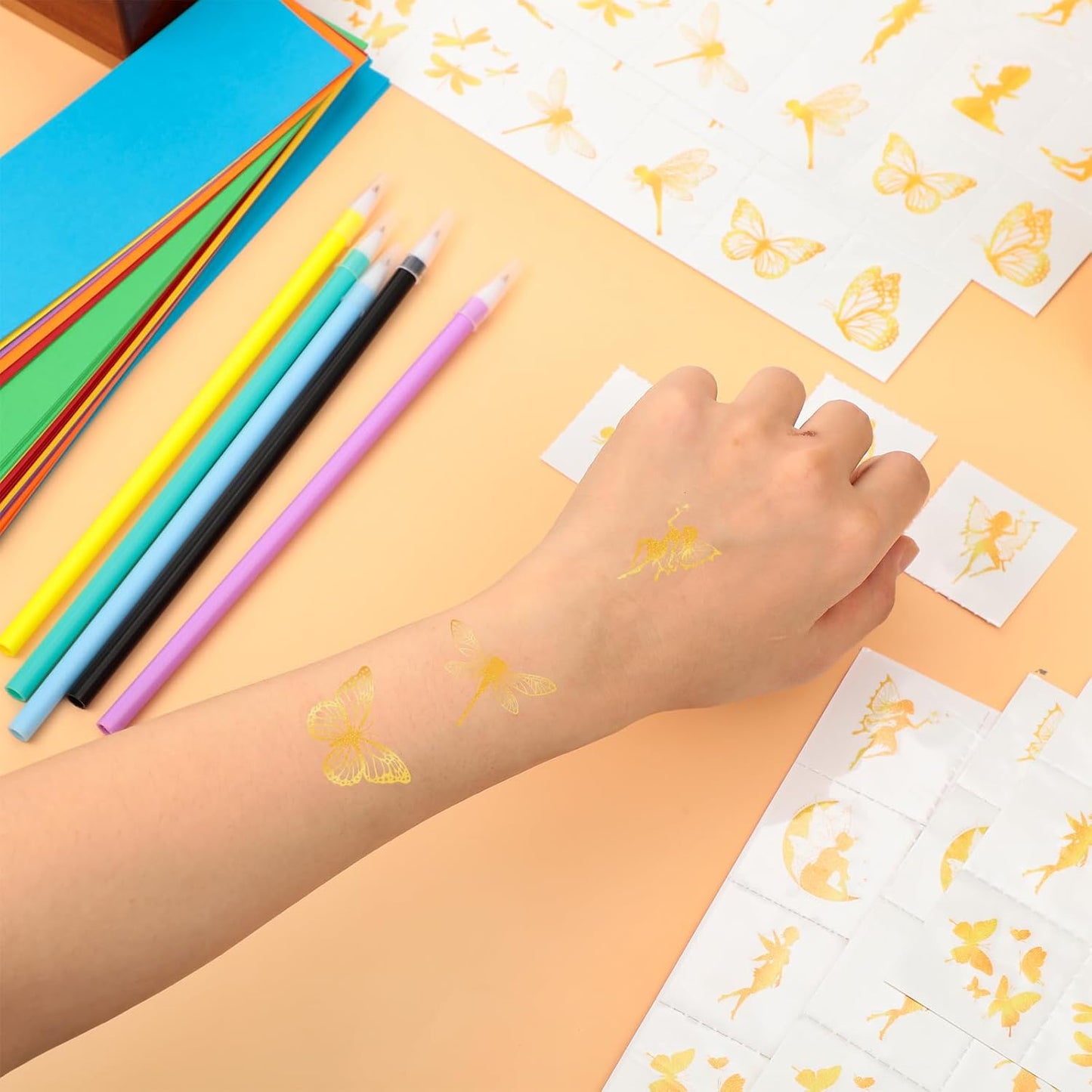 Landhoow 240 Pcs Fairy Foil Tattoos Temporary for Kids Glitter Face Tattoos Cool Body Sticker Costume Accessory for Adults Boys Girls Party Favor