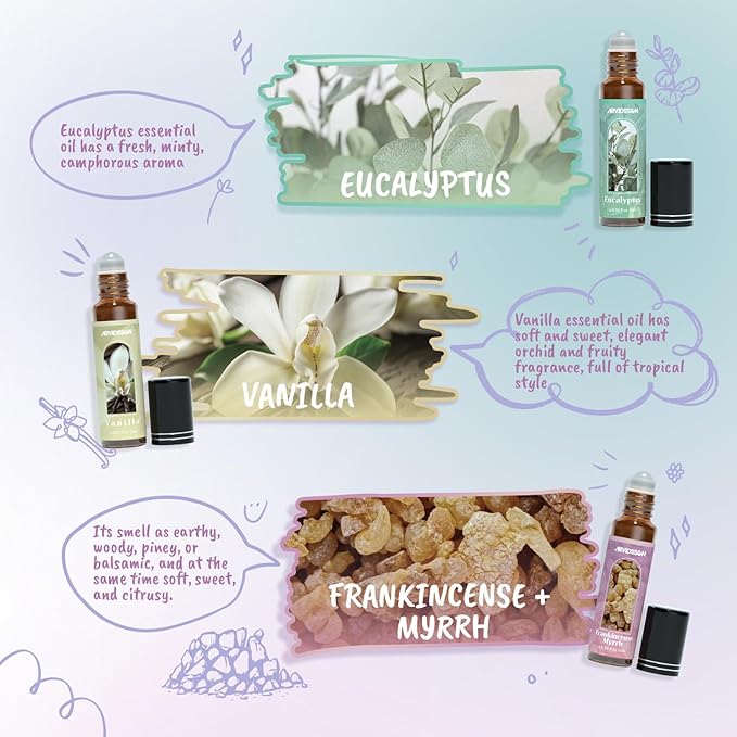 Essential Oils Roll On Gift Set, Natural Aromatherapy Oil Roller for Body, Skin, Massage - Lavender, Peppermint, Frankincense & Myrrh, Eucalyptus, Vanilla, Sandalwood, Gift for Women