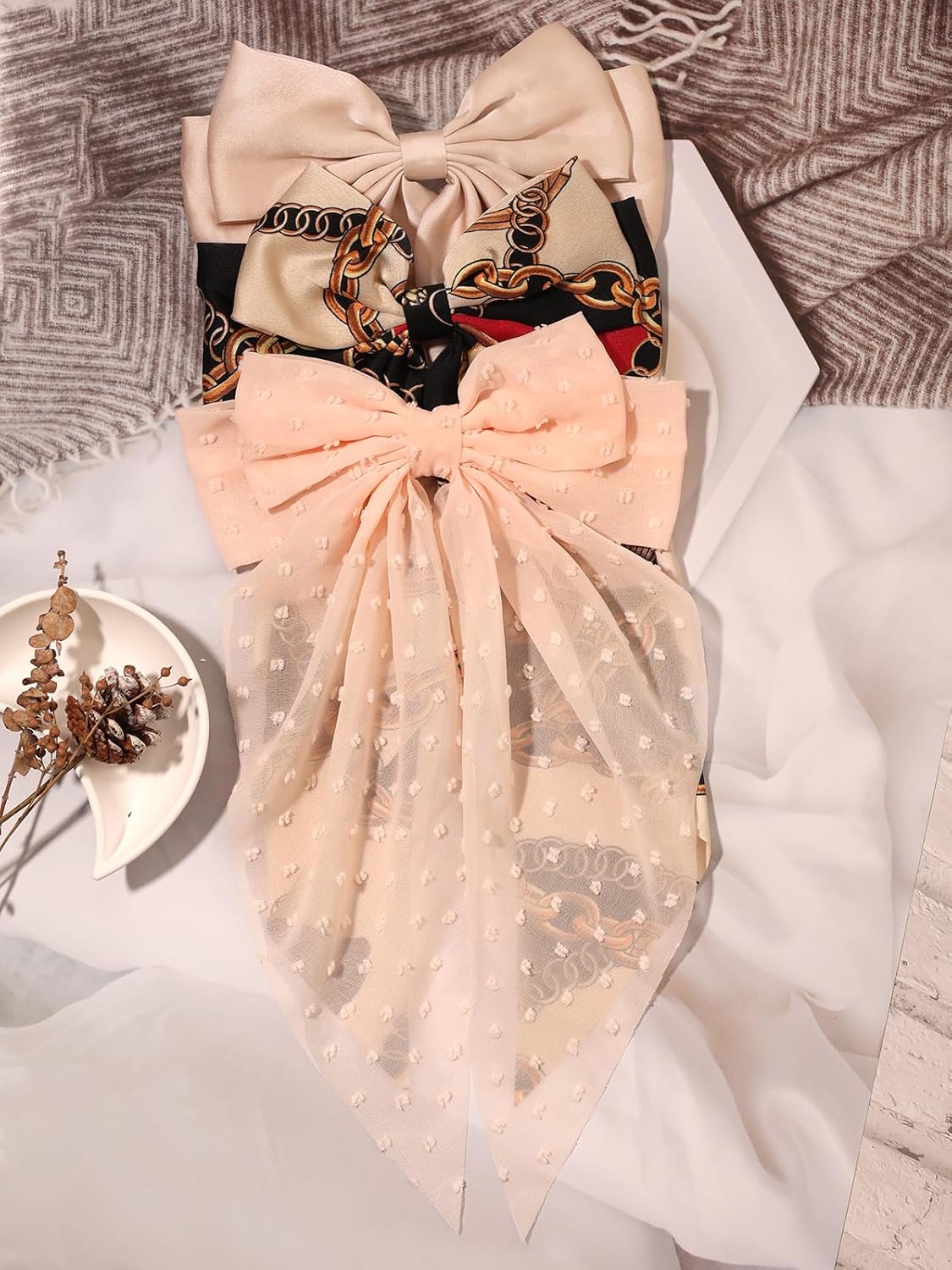 LFOUVRE Hair Accessories - Dotted Chain Bows, Bowknot Barrettes with Tails for Girls and Women, 3pcs