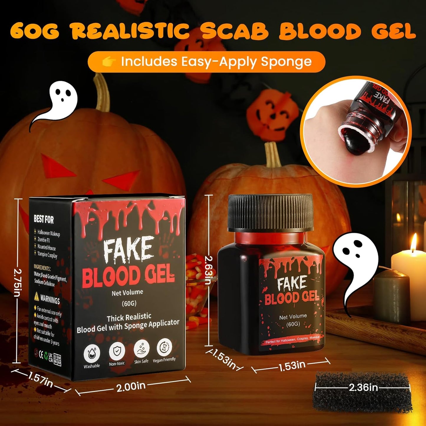 Halloween Scab Blood Gel, 60g Coagulated Blood Makeup with Sponge for Realistic Wounds, Cuts, SFX FX Makeup, Vampire Zombie Monster Cosplay, Scab Blood SFX for Face & Body