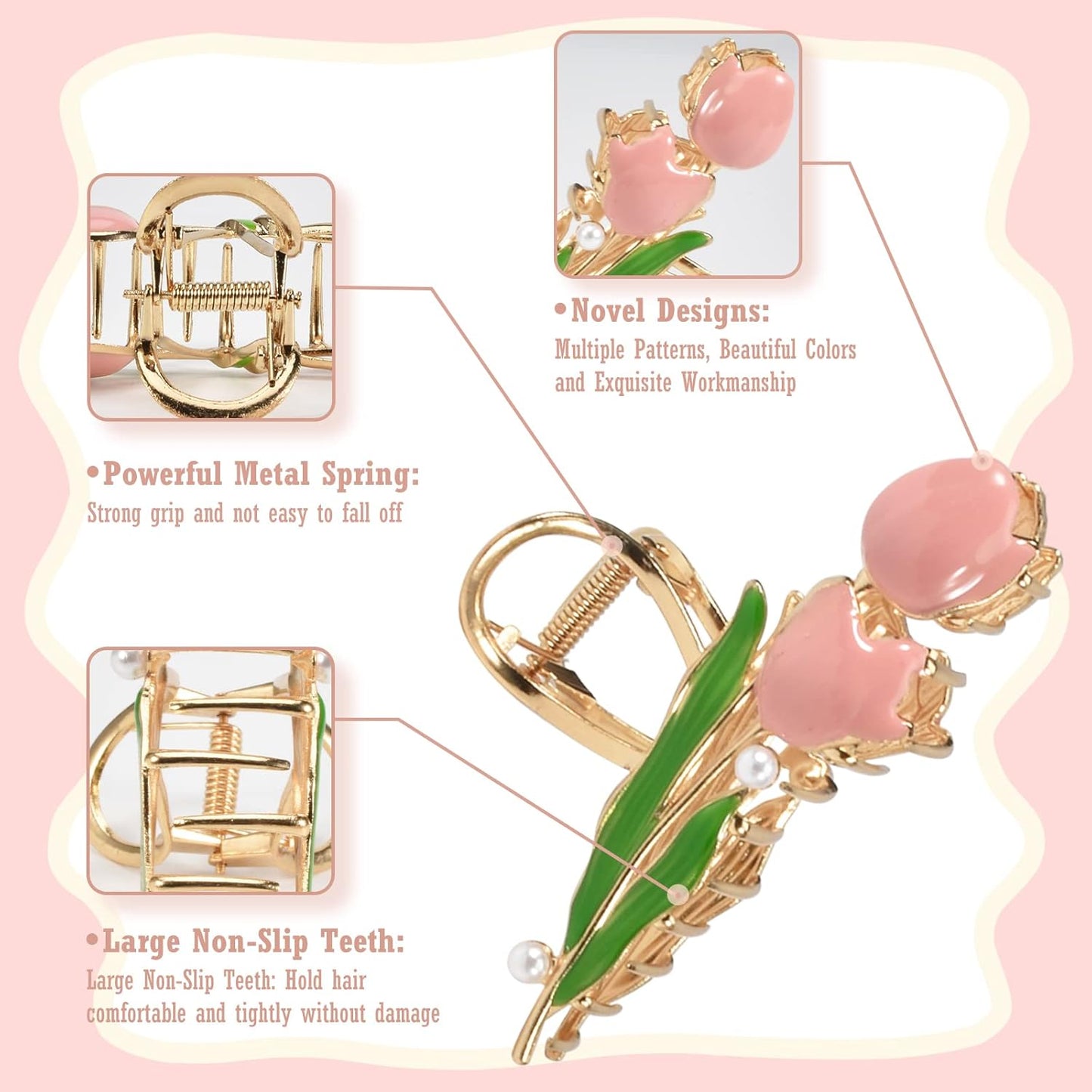 3-Piece Floral Metal Hair Clips, 3-Style Tulip Claw Clamps for Thin/Medium Thick Hair, Elegant Barrettes with Strong Hold and Non-Slip Cute Accessories