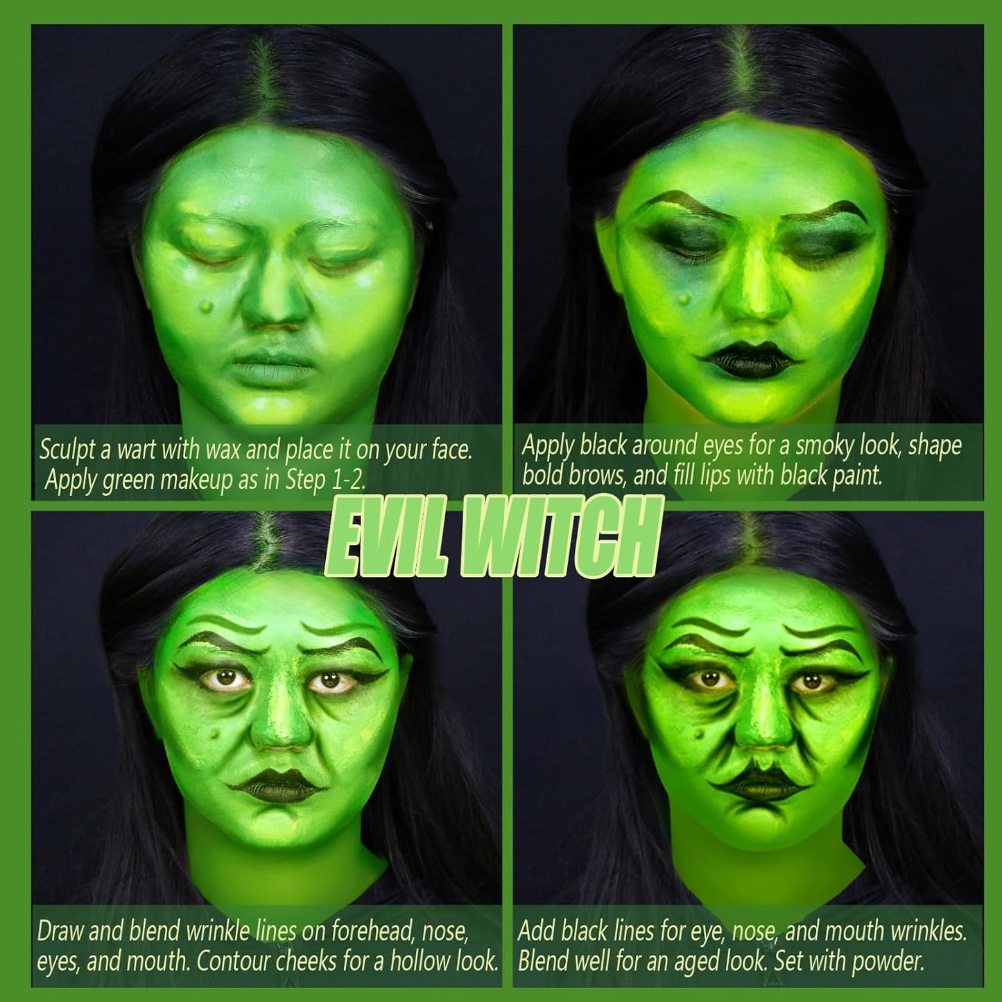 Halloween Elphaba Makeup Kit,Complete Black Green Yellow Face Body Paint with Scar Wax SFX Makeup Set,Frankenstein Green Witch Costume with Setting Powder for Stage,Cosplay, and Theater