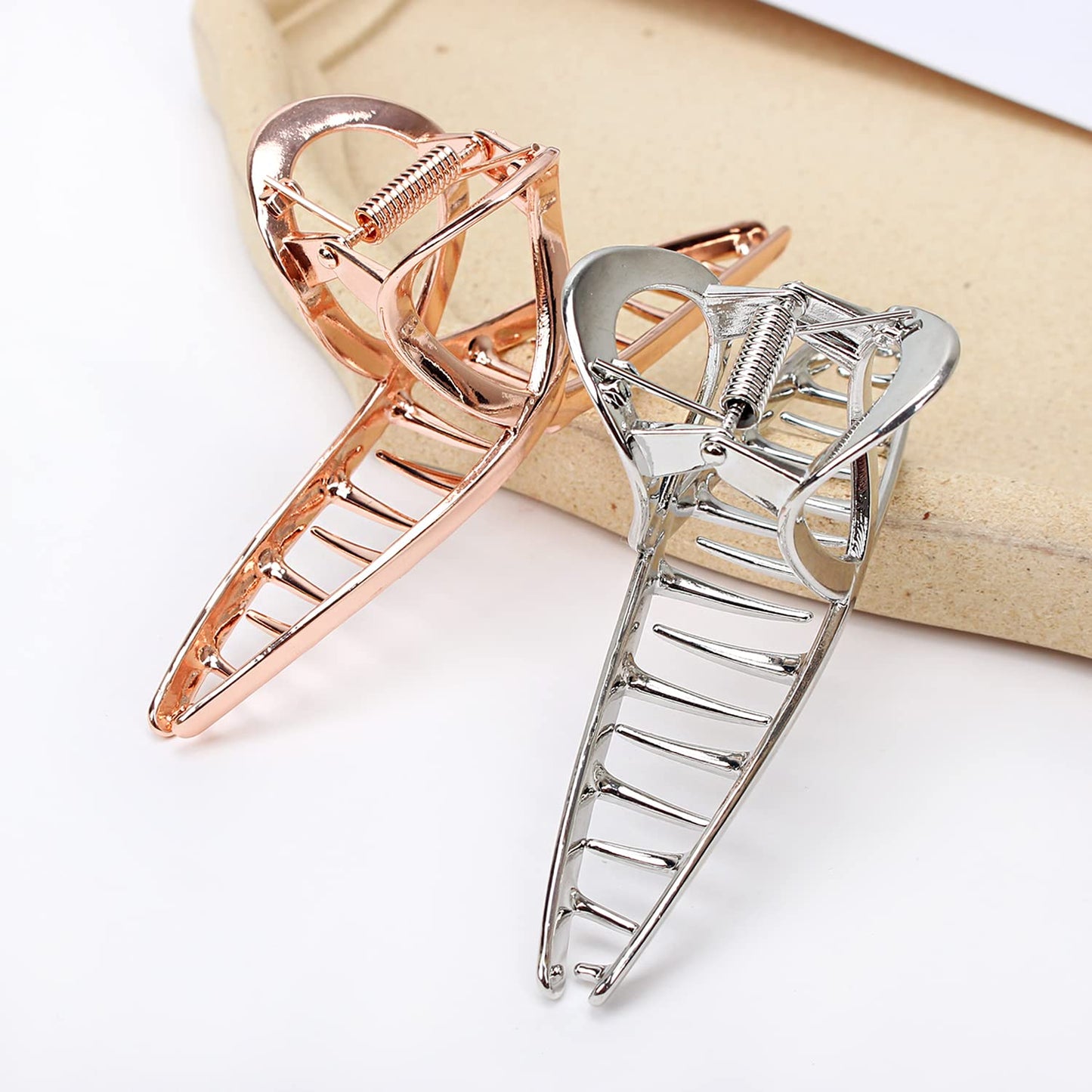 FAELBATY Hair Clip Claws Set of 3 (Glossy Silver, Dark Grey, Rose Gold) - Glossy Metal Hair Clips, Large Hair Accessories for Women and Girls, Strong Hold Barrette, 3 Pcs