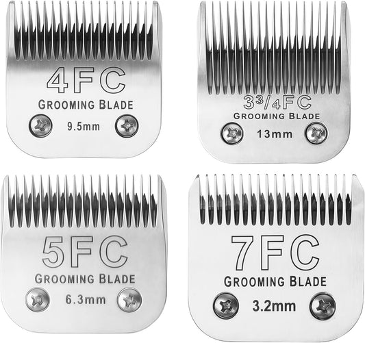 4FC+5FC+7FC+3-3/4FC Detachable Dog Grooming Blades, Compatible with Andis, Oster A5, Wahl KM10 Series Clippers, Silver (4 Packs)