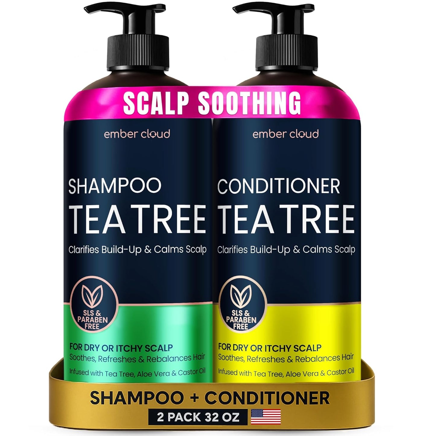 Tea Tree Rosemary Shampoo and Conditioner Set with Castor Oil for All Hair Types - Effective Cleanse and Supports Scalp Health for Women & Men Paraben & Sulfate Free (16 Oz Each)