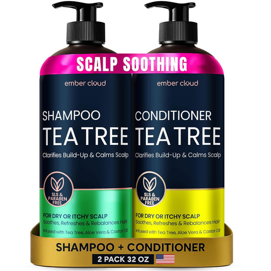 Tea Tree Rosemary Shampoo and Conditioner Set with Castor Oil for All Hair Types - Effective Cleanse and Supports Scalp Health for Women & Men Paraben & Sulfate Free (16 Oz Each)
