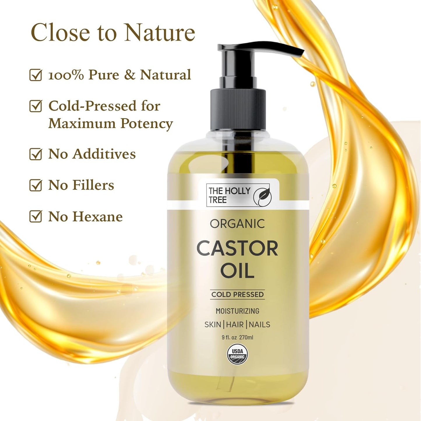 Organic Castor Oil - Cold Pressed 9 fl oz - 100% Pure & Hexane Free - Castor Oil for Hair Growth - Moisturizing & Nourishing - for Face & Body
