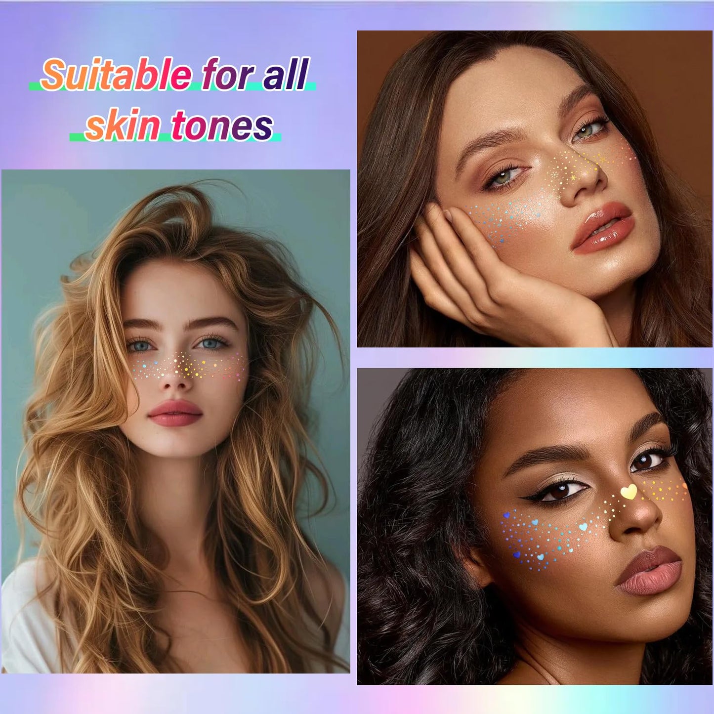10 Pcs Holographic Multicolor Glitter Freckles, Glow Up Laser Silver Glitter Freckles Face Tattoo, Waterproof Face Sparkle Freckles, Long-lasting 48h Temporary Tattoos for Women