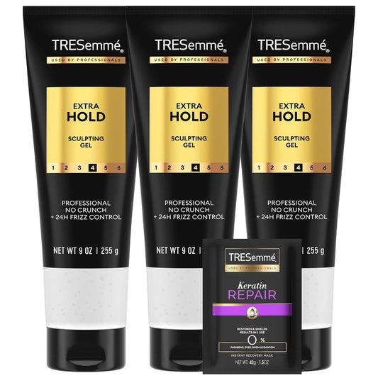 TRESemmé Hair Gel, Sculpting, Extra Hold, 3-Pack + Keratin Repair Instant Recovery Mask – Frizz Control, Professional Quality Styling Products, Alcohol-Free