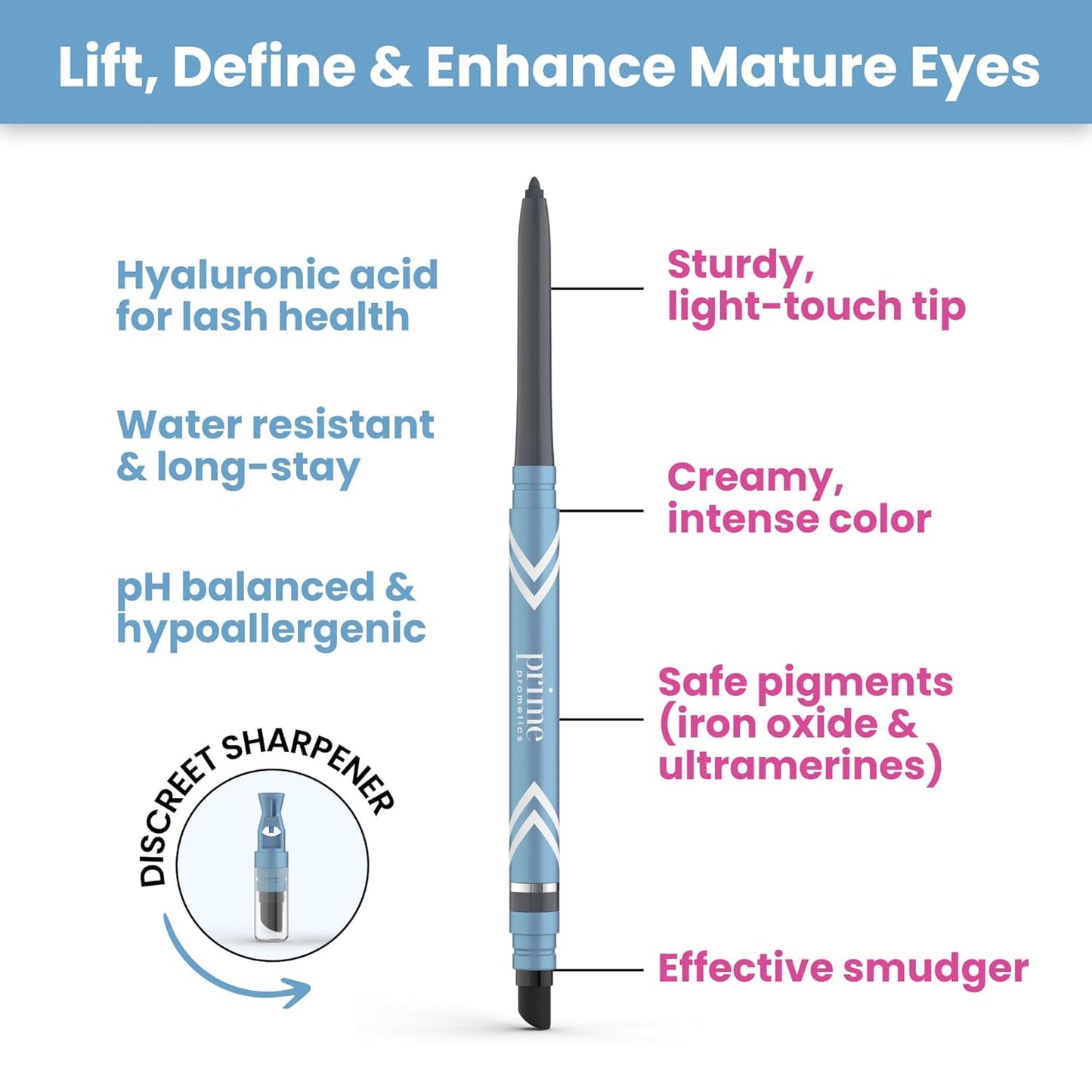PRIME PROMETICS PrimeEyes Glide Eyeliner for Mature Women – Waterproof, Long-Stay and Mess-Proof – Gel Creme Texture, Discreet Sharpener and Effective Smudger (Golden Metallic)