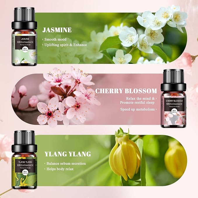 Floral Essential Oils Set - 6x10ML Fragrance Oil for Diffusers, Massage, Aromatherapy, Candle Making - Lavender, Rose, White Tea, Jasmine, Ylang-Ylang, Cherry Blossom Scented Oil