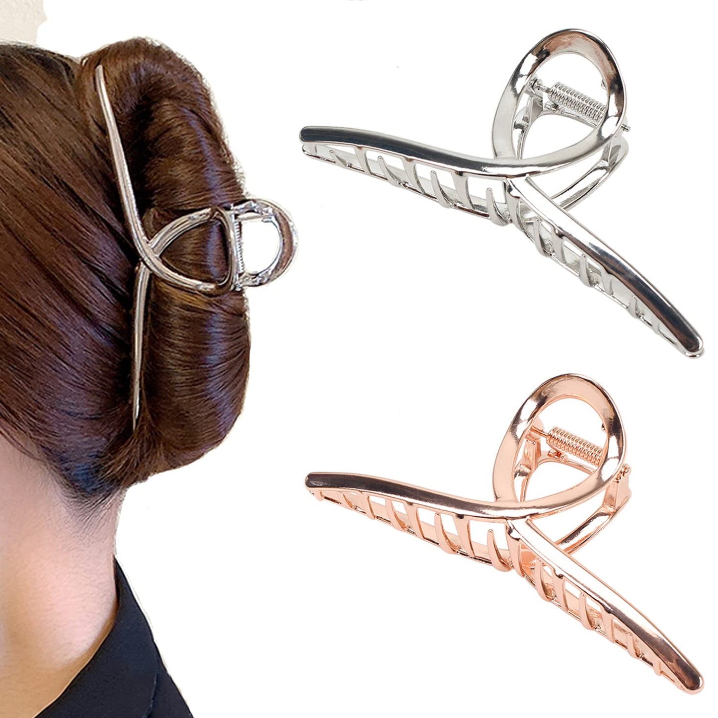 2Pack Glossy Metal Hair Claw Clips No Slip Hair Clamps for Thin and Thick Hair Accessoriesas Gift for Women Girlfriend (2pcs/box,Glossy Rose Gold & Silver)