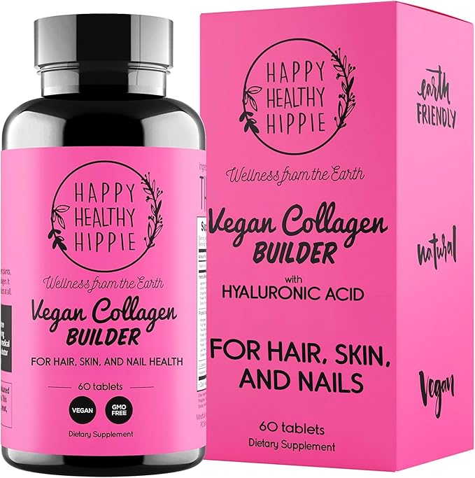 Vegan Collagen Builder w/ Hyaluronic Acid – Hair Skin and Nails Vitamins for Youthful Glow | Keratin & Elastin Booster | Bones, Cartilage, Tendons | Vitamin A, L-Lysine | Vegetarian | Non-GMO, 60 Ct