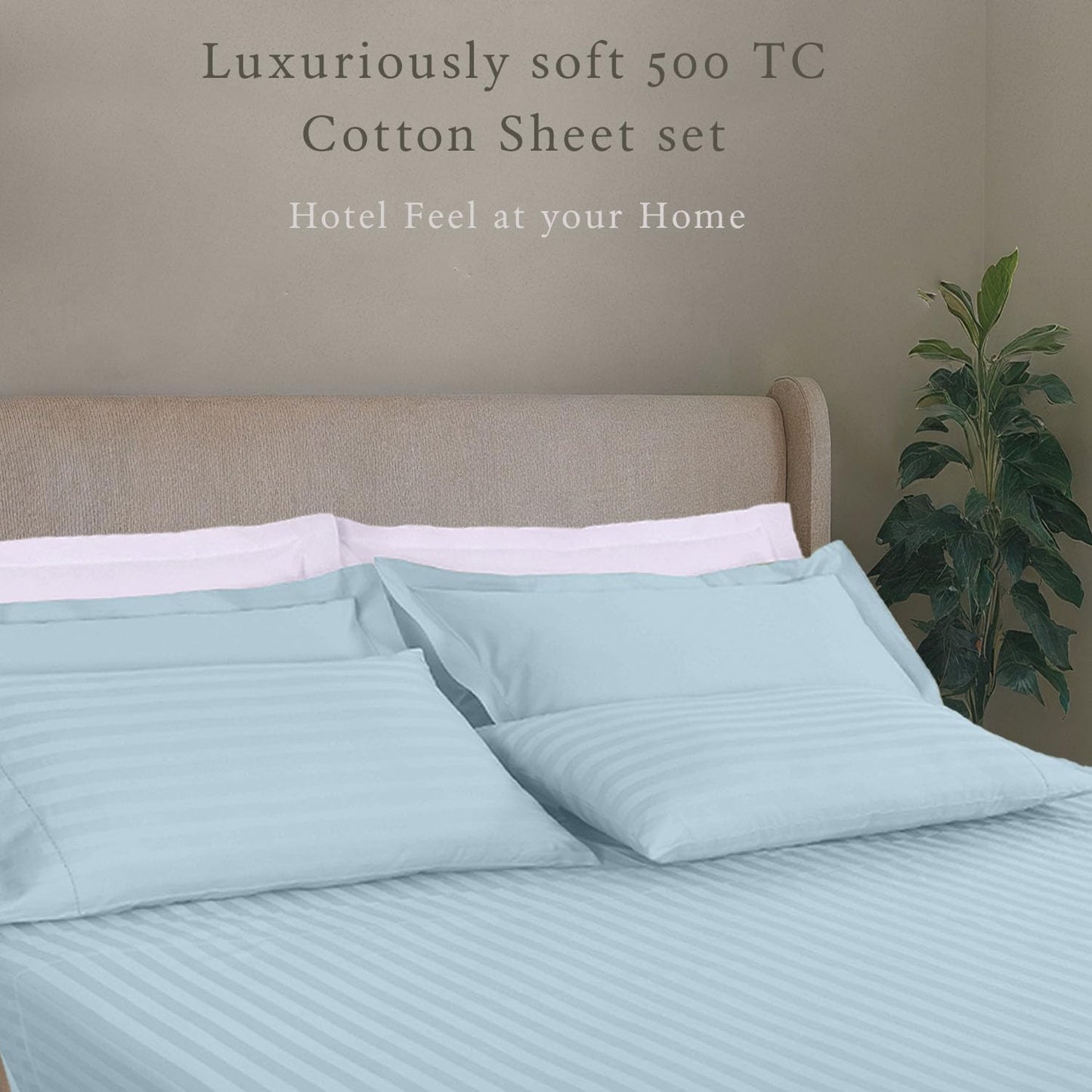 Threadmill 500 Thread Count Queen Size Damask Stripe, 4 Pc Luxury Cotton Bedding Set, Silky Smooth Light Blue Sheets with 16" Elasticized Deep Pocket, 2 Pillowcases & Free Tote Bag